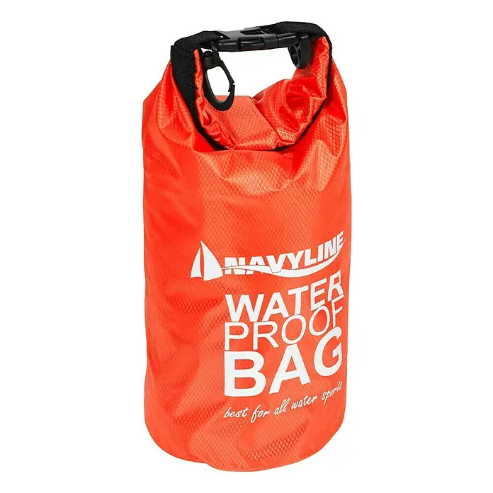 Navyline Drybag - 1,5 l, Orange - Eine orangefarbene, wasserdichte Tasche mit der Aufschrift "Water Proof Bag" und einem schwarzen Verschluss.
