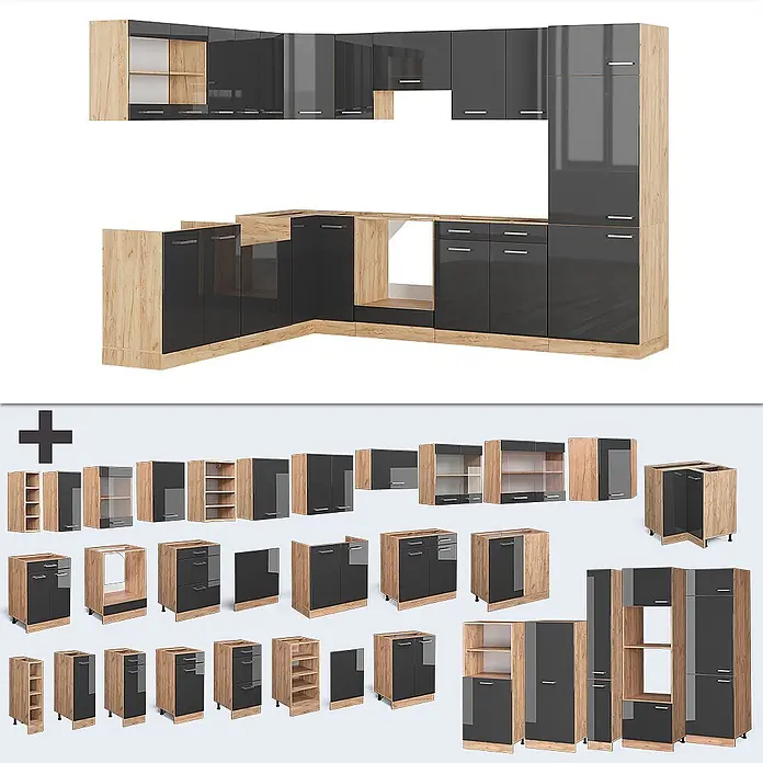 Vicco Eckküche R-Line Anthrazit Hochglanz/Goldkraft Eiche, AP Marmor - B x T: 287 x 60 cm, Anthrazit Hochglanz, Ohne Elektrogeräte - Modulares Küchensystem mit dunkelgrauen Hochglanz-Schrankfronten und hellen Holzrahmen, montiert und als Einzelteile gezeigt.