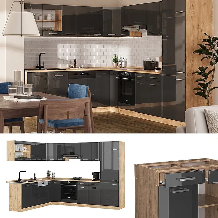 Vicco Eckküche R-Line Anthrazit Hochglanz/Goldkraft Eiche, AP Marmor - B x T: 287 x 60 cm, Anthrazit Hochglanz, Ohne Elektrogeräte - L-förmige Küchenmöbel mit hochglänzenden anthrazitfarbenen Schränken, hellen Holztheken und Akzenten, in einem modernen Küchenambiente.