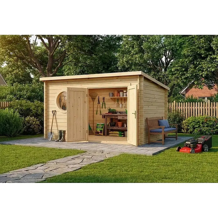 Alpholz Gartenhaus Maria Rondo 44 B - Außenmaß inkl. Dachüberstand (B x T): 400 x 320 cm, Holz, Naturbelassen - Heller Holzgeräteschuppen mit offenen Türen, rundem Fenster und Gartengeräten, auf einer Terrasse in einem Garten.