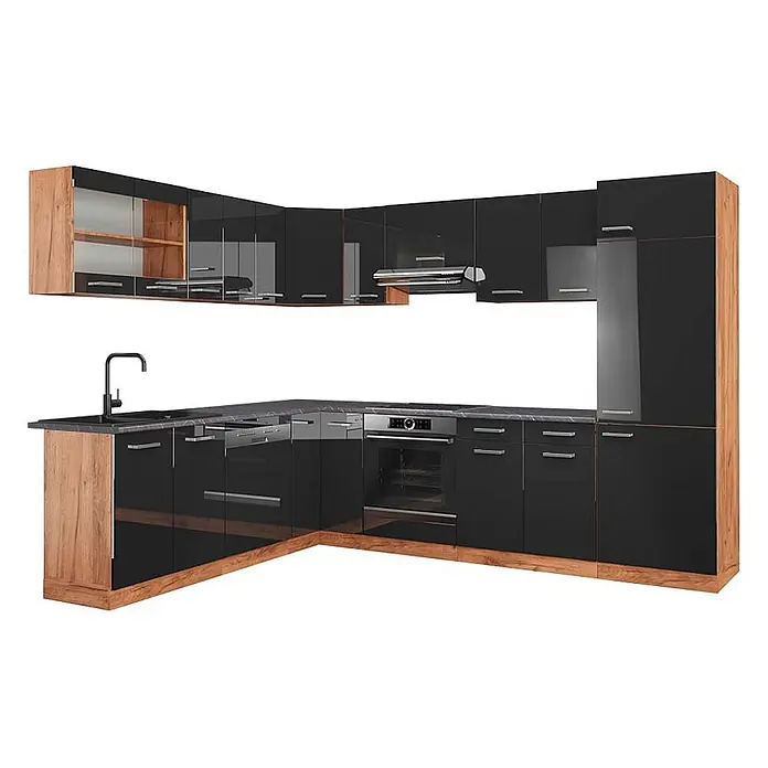 Vicco Eckküche R-Line Anthrazit Hochglanz/Goldkraft Eiche, AP Anthrazit - B x T: 287 x 60 cm, Anthrazit Hochglanz, Ohne Elektrogeräte - Eckküche: schwarze Hochglanzschränke, Holzakzente, integrierter Backofen, Spüle und Kochfeld.