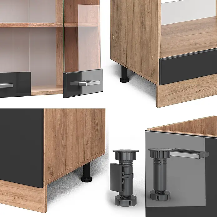 Vicco Eckküche R-Line Anthrazit Hochglanz/Goldkraft Eiche, AP Marmor - B x T: 287 x 60 cm, Anthrazit Hochglanz, Ohne Elektrogeräte - Helles Holzmöbel mit dunkelgrauen Paneelen, silbernen Griffen und schwarzen, verstellbaren Nivellierfüßen.