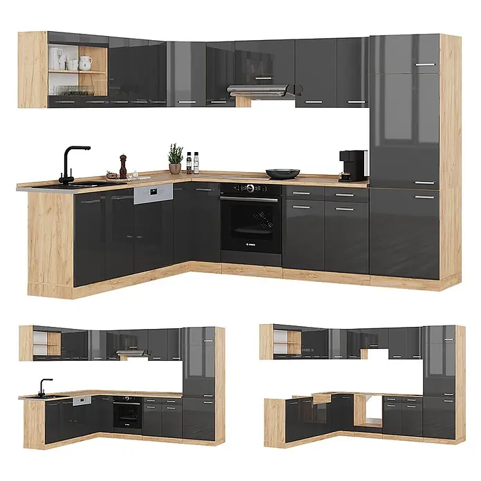 Vicco Eckküche R-Line Anthrazit Hochglanz/Goldkraft Eiche, AP Marmor - B x T: 287 x 60 cm, Anthrazit Hochglanz, Ohne Elektrogeräte - Moderne L-förmige Küche mit hochglanz dunkelgrauen Schränken und hellen Holzimitat-Arbeitsplatten/-Paneelen, mit integrierten Geräten.
