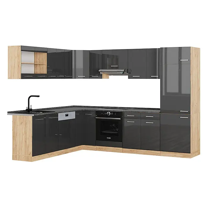 Vicco Eckküche R-Line Anthrazit Hochglanz/Goldkraft Eiche, AP Anthrazit - B x T: 287 x 60 cm, Anthrazit Hochglanz, Ohne Elektrogeräte - L-förmige Küche mit dunkelgrauen Hochglanzfronten und hellen Holzdetails. Mit Spüle, Backofen und Geschirrspüler.