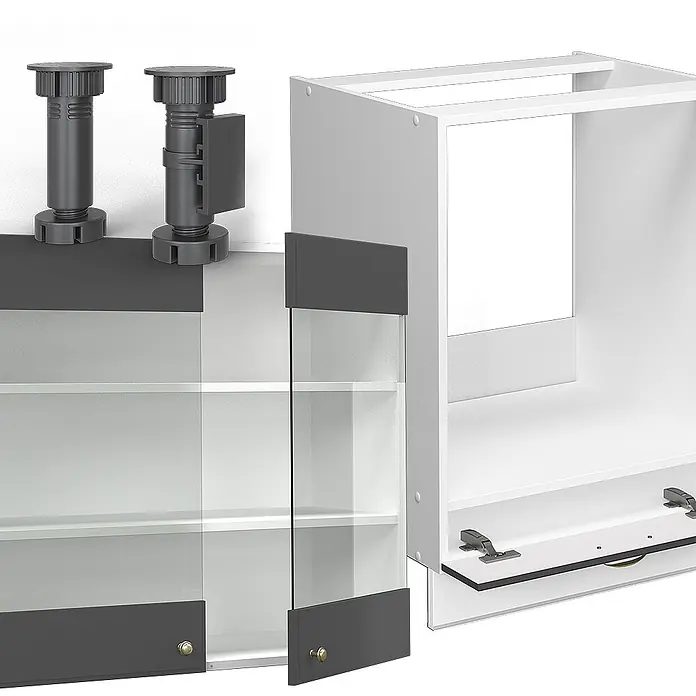 Vicco Eckküche Fame-Line Anthrazit-Gold/Weiß ohne Arbeitsplatte - Anthrazit-Gold, Ohne Elektrogeräte - Modulares weißes Schranksystem mit dunkelgrauen und Glastüren, zeigt verstellbare Füße und interne Regale/Scharniere.