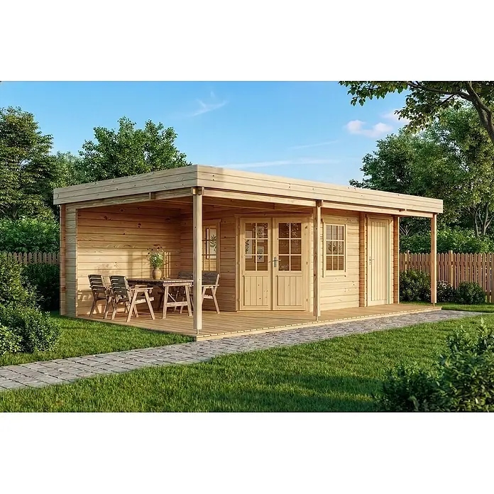 Alpholz Gartenhaus Johanna Plus - Außenmaß inkl. Dachüberstand (B x T): 718 x 420 cm, Holz, Pinie - Ein helles Holzgartenhaus mit integrierter überdachter Terrasse und Gartenmöbeln.
