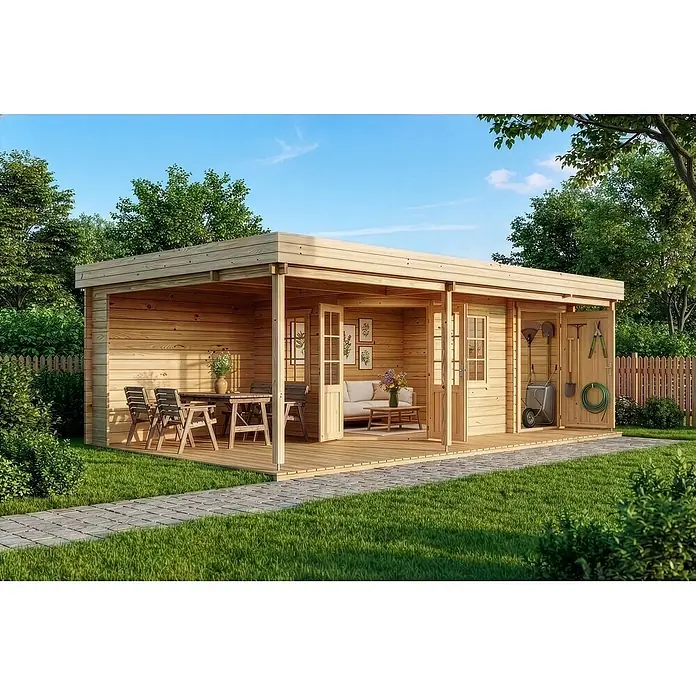 Alpholz Gartenhaus Johanna Plus - Außenmaß inkl. Dachüberstand (B x T): 718 x 420 cm, Holz, Pinie - Gartenhütte aus hellem Holz mit überdachter Terrasse zum Essen, Entspannen und separatem Geräteschuppen.
