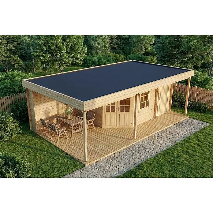 Alpholz Gartenhaus Johanna Plus - Außenmaß inkl. Dachüberstand (B x T): 718 x 420 cm, Holz, Pinie - Gartenhaus aus hellem Holz mit schwarzem Flachdach und überdachter Holzterrasse, mit Sitzgelegenheiten.
