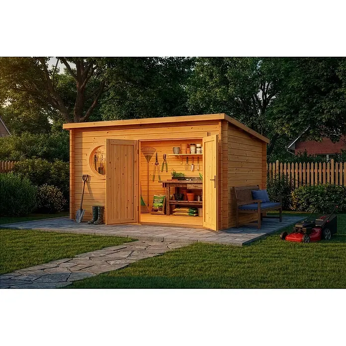 Alpholz Gartenhaus Maria Rondo 44 B - Außenmaß inkl. Dachüberstand (B x T): 400 x 320 cm, Holz, Pinie - Helles Gartenhaus aus Holz mit geöffneten Türen, das Gartengeräte und Zubehör zeigt, in einem Garten.