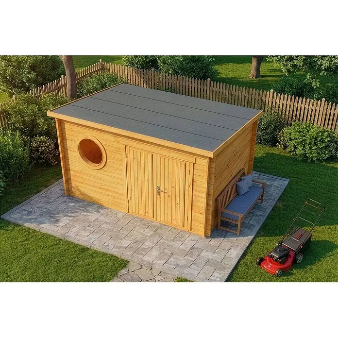 Alpholz Gartenhaus Maria Rondo 44 B - Außenmaß inkl. Dachüberstand (B x T): 400 x 320 cm, Holz, Pinie - Holz-Gartenhaus mit grauem Dach, rundem Fenster und Doppeltüren, auf einer Terrasse in einem grünen Garten mit Bank und Rasenmäher.