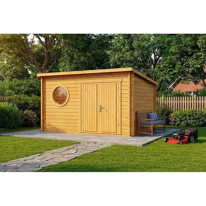 Alpholz Gartenhaus Maria Rondo 44 B - Außenmaß inkl. Dachüberstand (B x T): 400 x 320 cm, Holz, Pinie - Heller Holz-Gartenschuppen mit Flachdach, rundem Fenster und Doppeltüren, auf gepflasterter Terrasse mit Bank im grünen Garten.