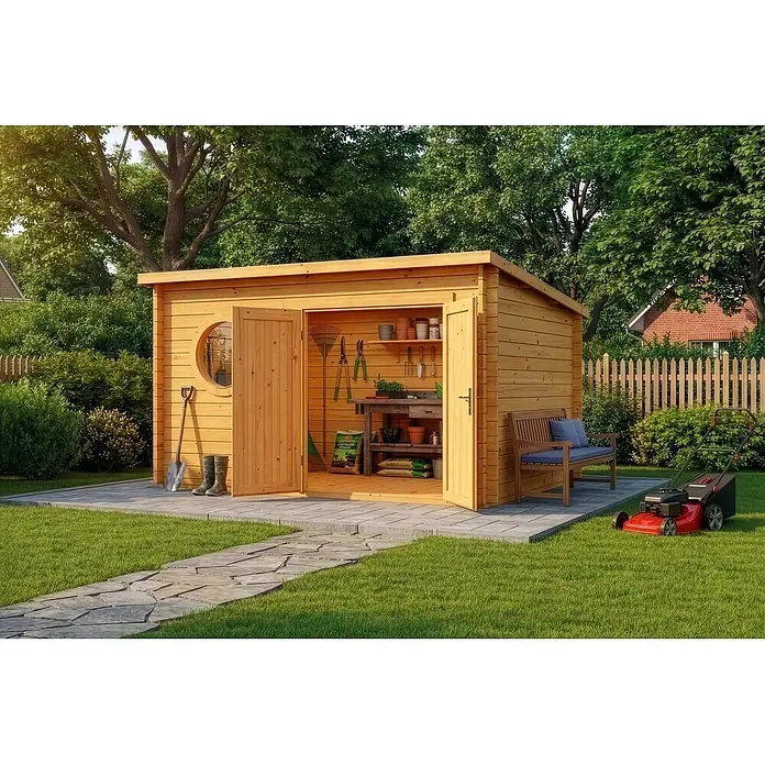Alpholz Gartenhaus Maria Rondo 44 B - Außenmaß inkl. Dachüberstand (B x T): 400 x 320 cm, Holz, Pinie - Heller Gartenschuppen aus Holz mit geöffneten Türen, der Gartengeräte zeigt. Eine Holzbank und ein Rasenmäher stehen auf einer gepflasterten Fläche im Garten.