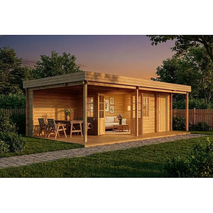 Alpholz Gartenhaus Johanna Plus - Außenmaß inkl. Dachüberstand (B x T): 718 x 420 cm, Holz, Naturbelassen - Holzgartenhaus mit Flachdach und überdachter Terrasse, ausgestattet mit Ess- und Wohnbereichen, in einem grünen Garten.