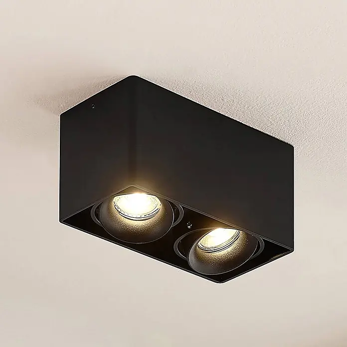 Arcchio Deckenleuchte Kubika - schwarz, GU10 - Schwarze rechteckige Deckenleuchte mit zwei verstellbaren Strahlern.