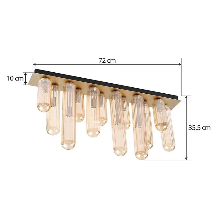 Lucande Deckenleuchte Freylin - schwarz, creme / amber, G9 - Rechteckige Deckenleuchte in Gold und Schwarz mit mehreren röhrenförmigen Glasbirnen in Bernstein.