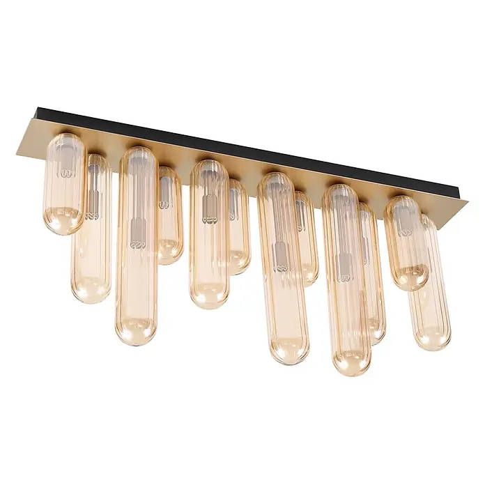 Lucande Deckenleuchte Freylin - schwarz, creme / amber, G9 - Rechteckige schwarze und goldene Deckenleuchte mit mehreren bernsteinfarbenen röhrenförmigen Glasschirmen und sichtbaren Glühlampen.