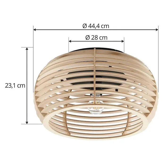 Lindby Deckenleuchte Ediz - Holz hell, E27 - Deckenleuchte mit Holzlamellen in Naturholzoptik und schwarzer Halterung.