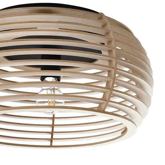 Lindby Deckenleuchte Ediz - Holz hell, E27 - Deckenleuchte aus Holzlamellen mit schwarzem Sockel und sichtbarer LED-Birne.