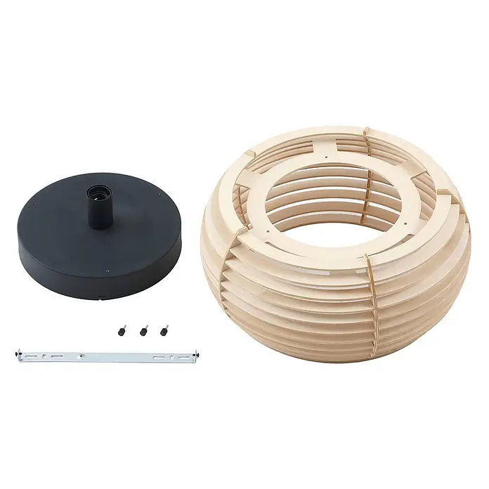 Lindby Deckenleuchte Ediz - Holz hell, E27 - Lampenschirm aus Holzlamellen, schwarze Deckenrosette und Montagezubehör für Hängelampe.