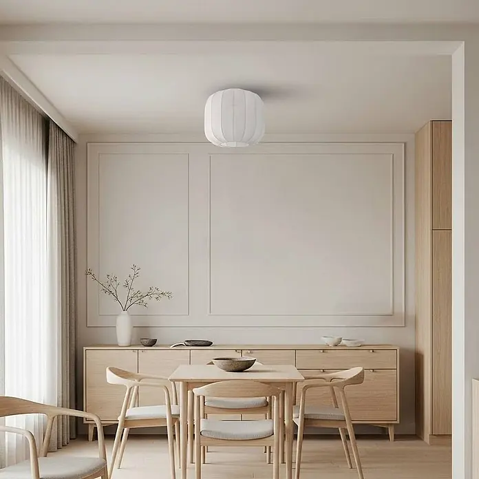 Lindby Deckenleuchte Helin - weiß / opal, E27 - Weiße Stoff-Deckenleuchte beleuchtet ein modernes Esszimmer.