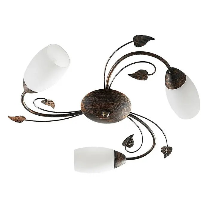 Lindby Deckenleuchte Stefania - L x B x H: 46 x 46 x 9,5 cm, braun / rost, E14 - Dreiflammige Deckenleuchte mit dunklem Bronze-Metallrahmen, Zierblättern und weißen Milchglasschirmen.