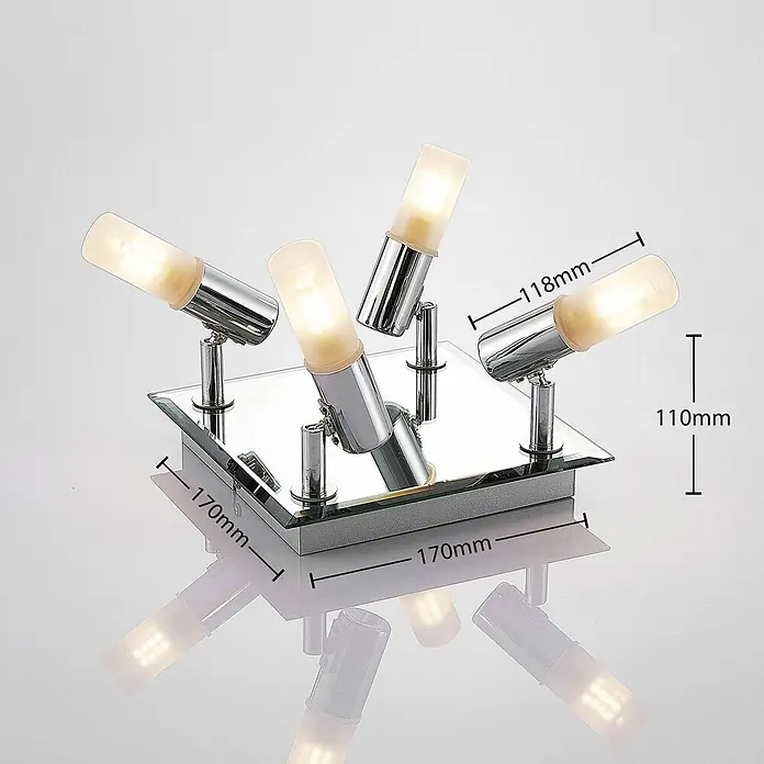 Lindby Deckenleuchte Zela - L x B x H: 32 x 32 x 11 cm, chrom / silber, G9 - Quadratische 4-fach-Deckenleuchte in Chrom mit Spiegelglasbasis und verstellbaren zylindrischen Strahlern mit mattierten Diffusoren.