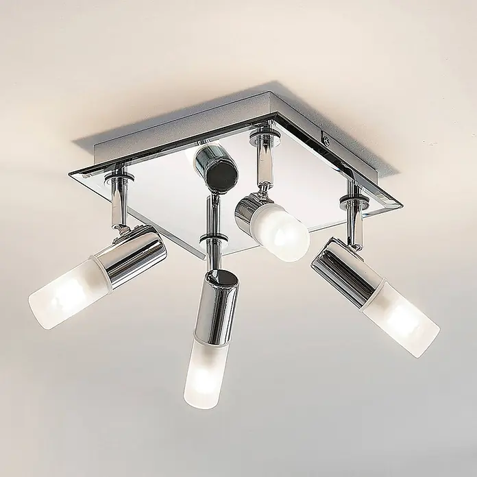 Lindby Deckenleuchte Zela - L x B x H: 32 x 32 x 11 cm, chrom / silber, G9 - Quadratische Chrom-Deckenleuchte mit fünf verstellbaren Strahlern mit mattierten Glasschirmen.