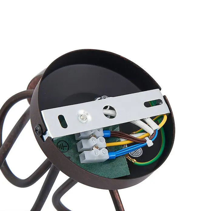 Lindby Deckenleuchte Solm - braun / rost, braun / rost, E14 - Innenausstattung einer Deckenleuchte aus dunklem Bronze mit elektrischer Verkabelung, Klemmen und einer Metallhalterung.
