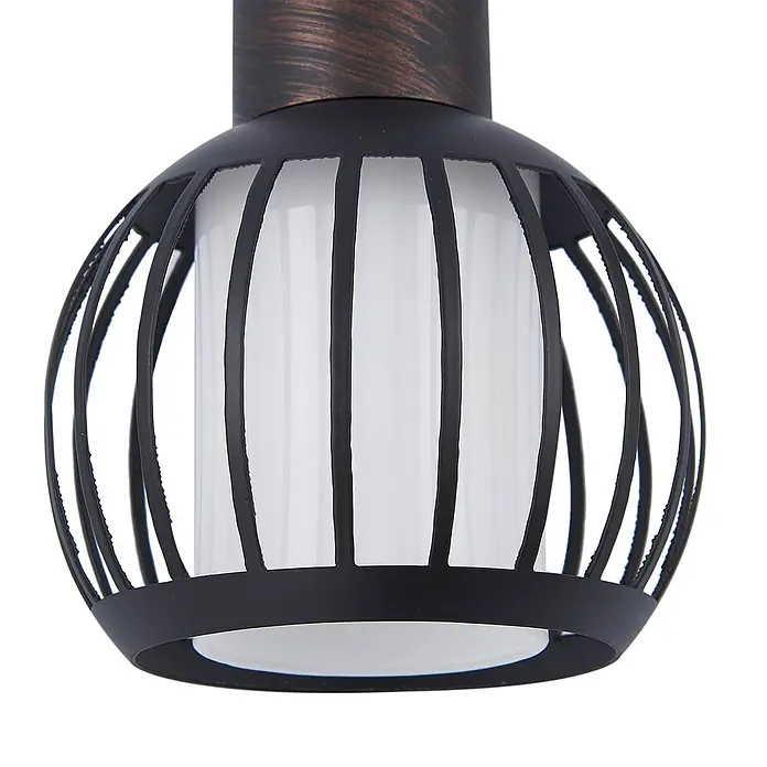 Lindby Deckenleuchte Solm - braun / rost, braun / rost, E14 - Schwarze Metallkäfig-Leuchte mit weißem zylindrischem Diffusor und bronzefarbenem Aufsatz.