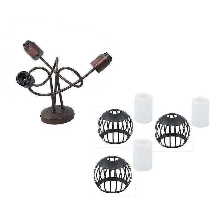 Lindby Deckenleuchte Solm - braun / rost, braun / rost, E14 - Dreiflammige bronzefarbene Lampenbasis mit drei schwarzen Kugelkäfigschirmen und weißen zylindrischen Diffusoren.