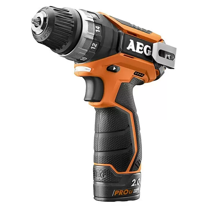 AEG Pro 12V Taladro atornillador de batería BS 12C2 Li-202C - 12 V, 2 baterías, 2 Ah, 34 Nm - Taladro atornillador inalámbrico AEG en naranja y negro con empuñadura texturizada, portabrocas ajustable y detalle de batería 2.0 ProLithium.