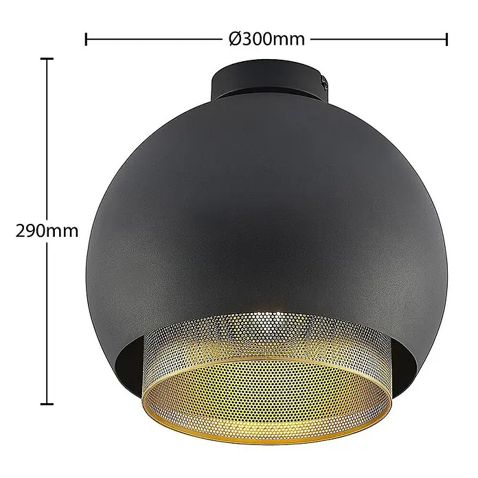 Lucande Deckenleuchte Sivaniel - L x B x H: 30 x 30 x 28,9 cm, schwarz, E27 - Runde schwarze Deckenleuchte mit goldfarbenem Lochblech-Diffusor. Maße: Ø300mm x 290mm.