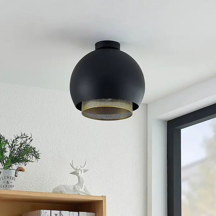 Lucande Deckenleuchte Sivaniel - L x B x H: 30 x 30 x 28,9 cm, schwarz, E27 - Schwarze Deckenleuchte mit goldfarbenem perforiertem Innenschirm.