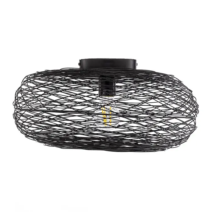 Lindby Deckenlampe in schwarz, Deckenleuchte -  - Schwarze ovale Deckenleuchte mit geflochtenem Metallgeflecht-Schirm und sichtbarer LED-Glühbirne.