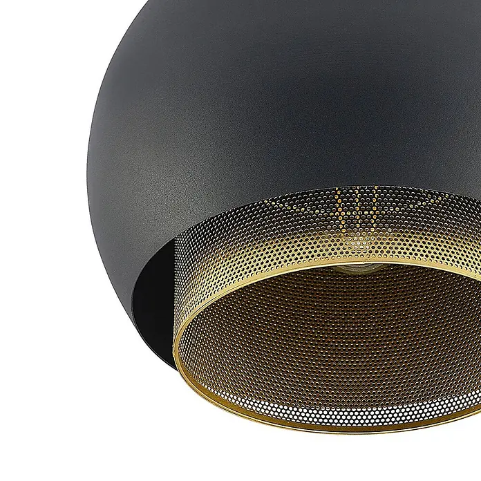 Lucande Deckenleuchte Sivaniel - L x B x H: 30 x 30 x 28,9 cm, schwarz, E27 - Schwarze kugelförmige Pendelleuchte mit gold perforiertem Innenschirm.