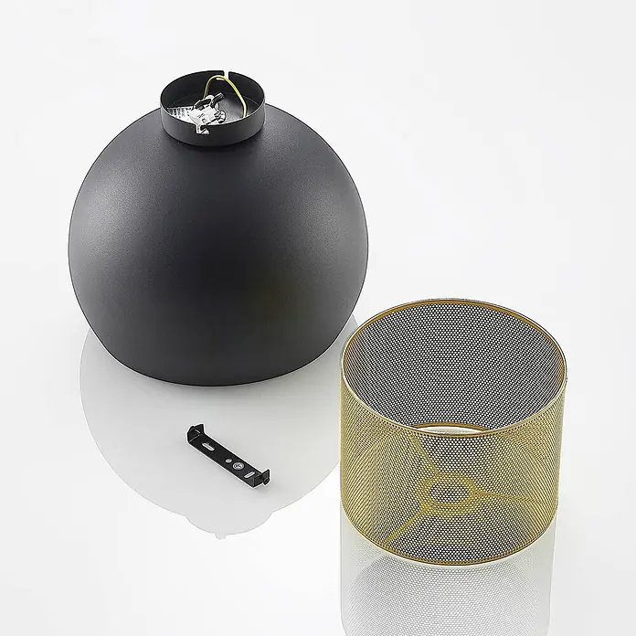 Lucande Deckenleuchte Sivaniel - L x B x H: 30 x 30 x 28,9 cm, schwarz, E27 - Komponenten für eine Deckenlampe: schwarzer Kugelbasis mit Verkabelung, goldener Gitterlampenschirm und schwarze Montagehalterung.