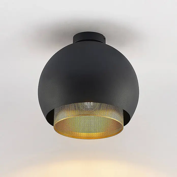 Lucande Deckenleuchte Sivaniel - L x B x H: 30 x 30 x 28,9 cm, schwarz, E27 - Schwarze sphärische Deckenleuchte mit perforiertem goldenem Innenschirm, warmes Licht abstrahlend.