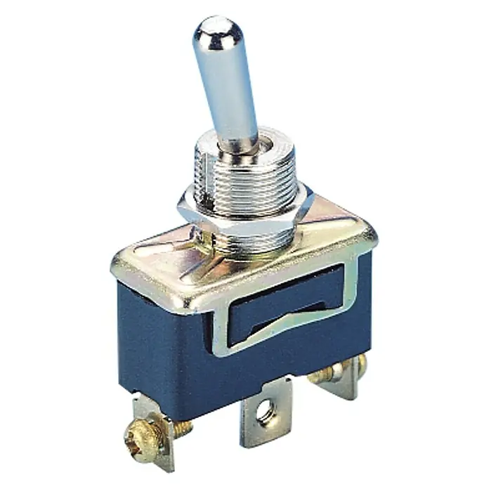 Talamex Kippschalter - 12 V, An/Aus - Nahaufnahme eines Kippschalters mit Metallgriff und Schraubklemmen, ideal für elektrische Anwendungen und Projekte.