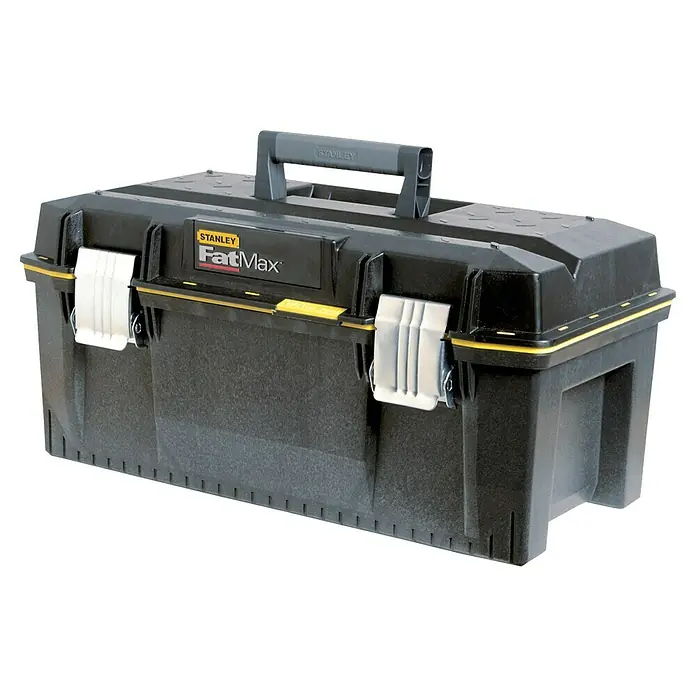 Stanley FatMax Werkzeugkasten Structural 23" - Größe: 23″, 58,4 x 30,5 x 26,7 cm, Spritzwassergeschützt - Schwarzer Stanley FatMax Werkzeugkasten mit gelben Akzenten und grauem Griff. Ideal zur Aufbewahrung von Werkzeugen.