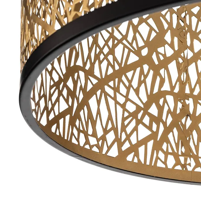 Lindby Deckenleuchte Yonah - L x B x H: 40 x 40 x 27 cm, messing / gold, E27 - Goldfarbener, lasergeschnittener Lampenschirm aus Metall mit abstraktem Muster und schwarzer Umrandung.
