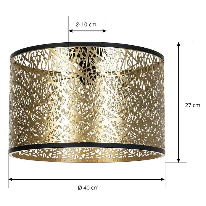 Lindby Deckenleuchte Yonah - L x B x H: 40 x 40 x 27 cm, messing / gold, E27 - Zylindrischer goldener Metall-Lampenschirm mit filigranem Lasercut-Muster und schwarzem Rand, Ø 40 cm, H 27 cm.
