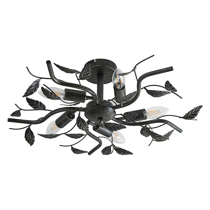 Lindby Deckenleuchte Yos - L x B x H: 58 x 58 x 21 cm, schwarz, E14 - Rustikale Deckenleuchte mit dunklem Metall-Ast- und Blätterdesign und mehreren sichtbaren Filamentbirnen.