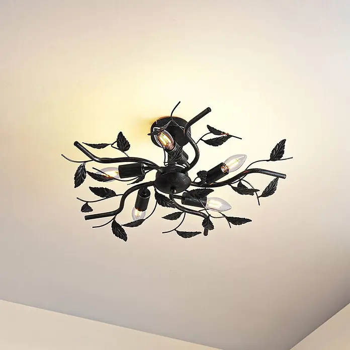 Lindby Deckenleuchte Yos - L x B x H: 58 x 58 x 21 cm, schwarz, E14 - Deckenleuchte aus dunklem Metall im Ast- und Blattdesign mit fünf beleuchteten Glühbirnen.