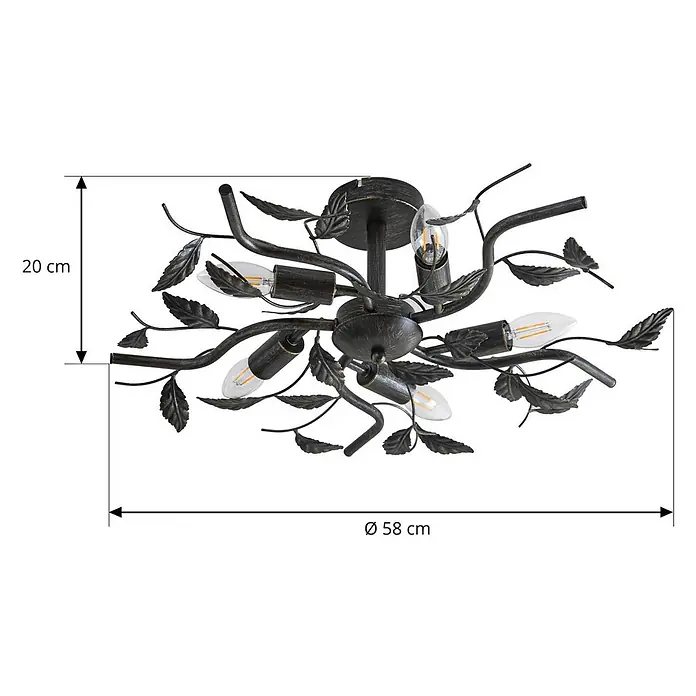 Lindby Deckenleuchte Yos - L x B x H: 58 x 58 x 21 cm, schwarz, E14 - Antike Bronze Deckenleuchte mit Ästen und Blättern, 5 Glühbirnen, Ø 58 cm, 20 cm hoch.