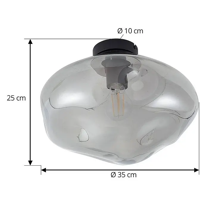 Lindby Deckenleuchte Lelia - alu / grau / zink, E27 - Rauchgraue Glas-Deckenleuchte in organischer Form mit schwarzer Basis. Maße: 25 cm H, 35 cm Ø.