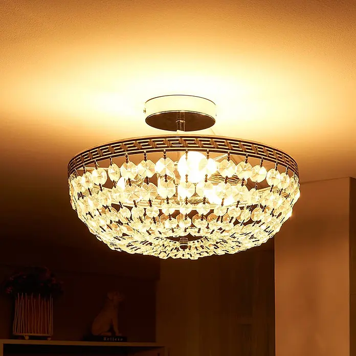 Lindby Deckenleuchte Mondrian - klar / transparent, E14 - Runde Kristall-Deckenleuchte mit verziertem Metallrahmen, an der Decke montiert, die ein warmes Licht abgibt.