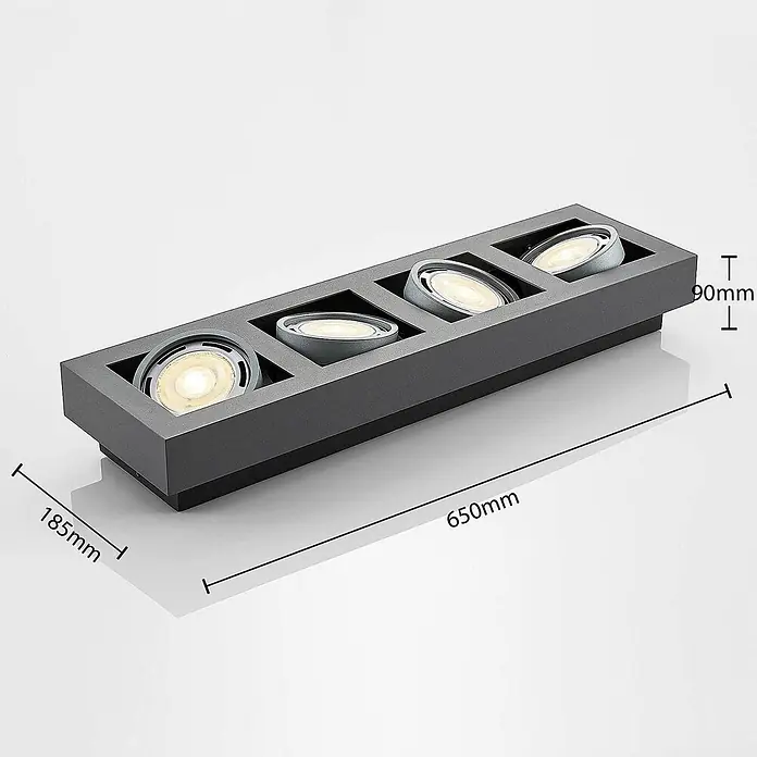 Arcchio Deckenleuchte Ronka - schwarz, schwarz, GU10 - Dunkelgraue, lineare LED-Strahlerleiste mit vier verstellbaren Lichtern, 650x185x90mm.