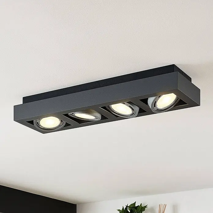 Arcchio Deckenleuchte Ronka - schwarz, schwarz, GU10 - Schwarze, rechteckige Deckenleuchte mit vier beleuchteten, verstellbaren Strahlern.