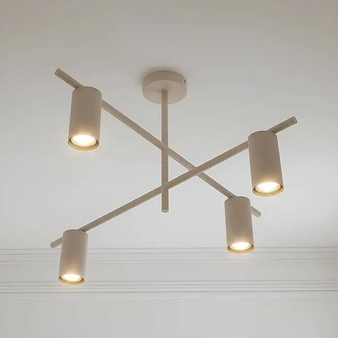 Lindby Deckenleuchte Marilou - creme / amber, creme / amber, GU10 - Moderne beigefarbene Deckenleuchte mit vier verstellbaren zylindrischen Strahlern auf sich kreuzenden Stangen.