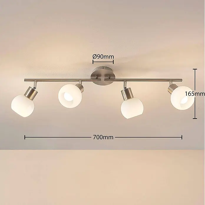 Lindby Deckenleuchte Elaina - alu / grau / zink, E14 - Deckenstrahler-Schiene aus gebürstetem Metall mit vier verstellbaren Spots und weißen Glasschirmen.